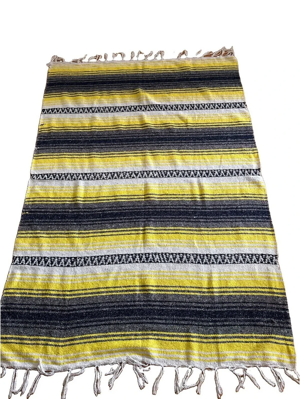 Textiles Mexican Falsa Blanket Navy Yellow Striped Woven Yoga Picnic Throw 53x74